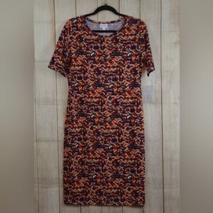 LuLaRoe Julia Orange and Navy Patterned Midi Dress